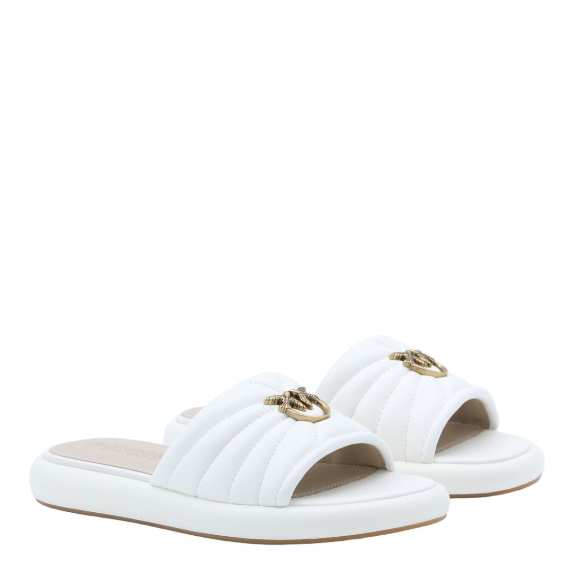 Pinko Quilted White Open-Toe Flats With Decorative Emblem