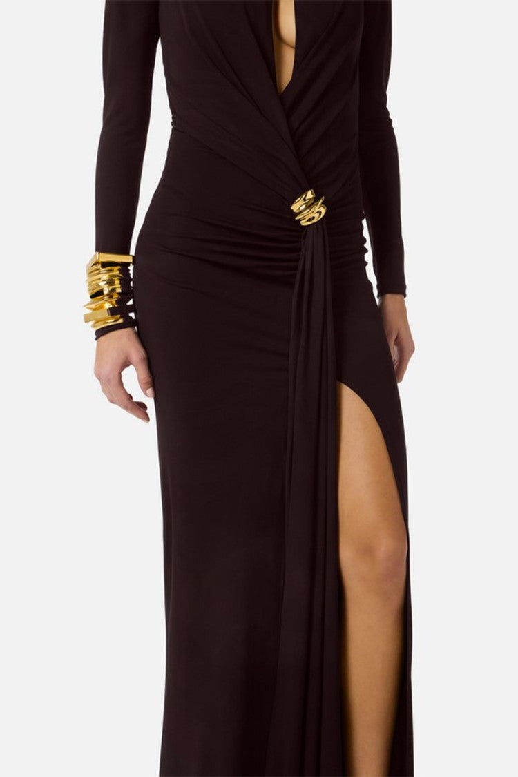 Elisabetta Franchi Brown Keyhole Cutout Draped Jewel Clasp Viscose-Blend Dress