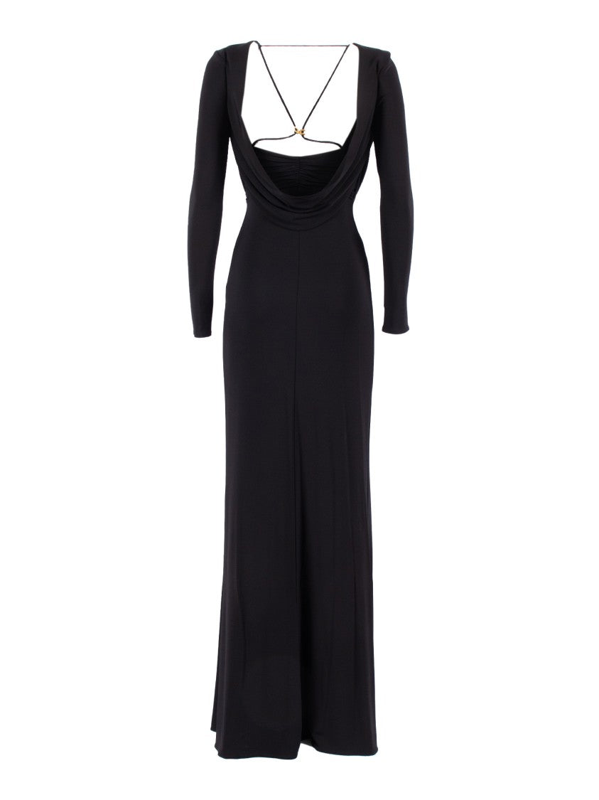 Elisabetta Franchi Long Black Dress With Draped Back