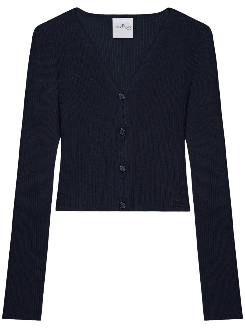 Courrèges Navy Blue Appliqué Logo V-Neck Sweater
