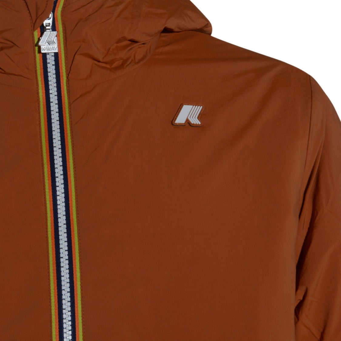 K-Way Brown Jacket With Multicolor Trim And Hoodie