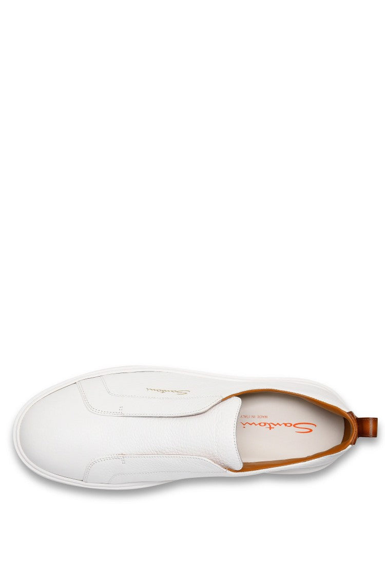 Santoni White Pebbled Leather Slip-On Sneakers