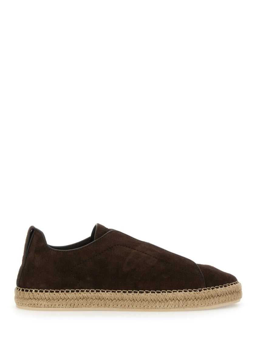 Zegna Brown Leather Espadrilles With Woven Jute Sole