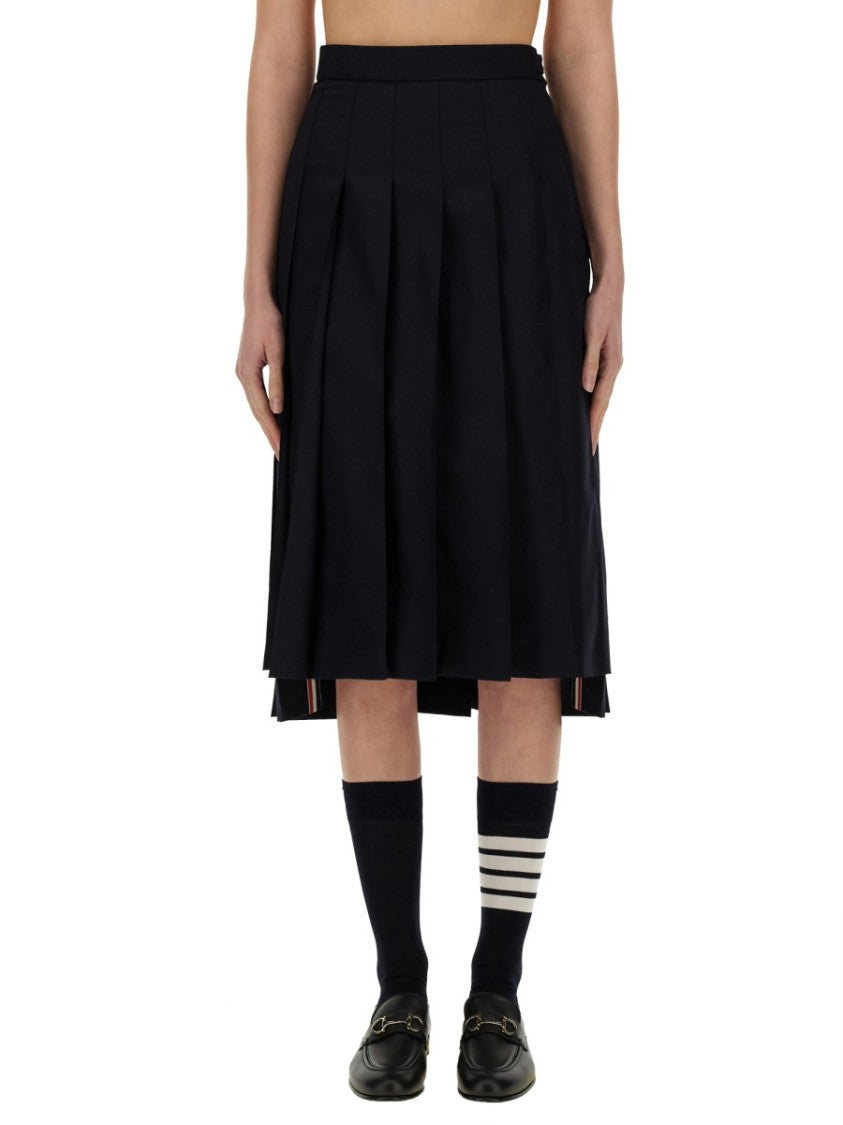 Thom Browne Mid-Calf Pleated Skirt With Side Button Closure