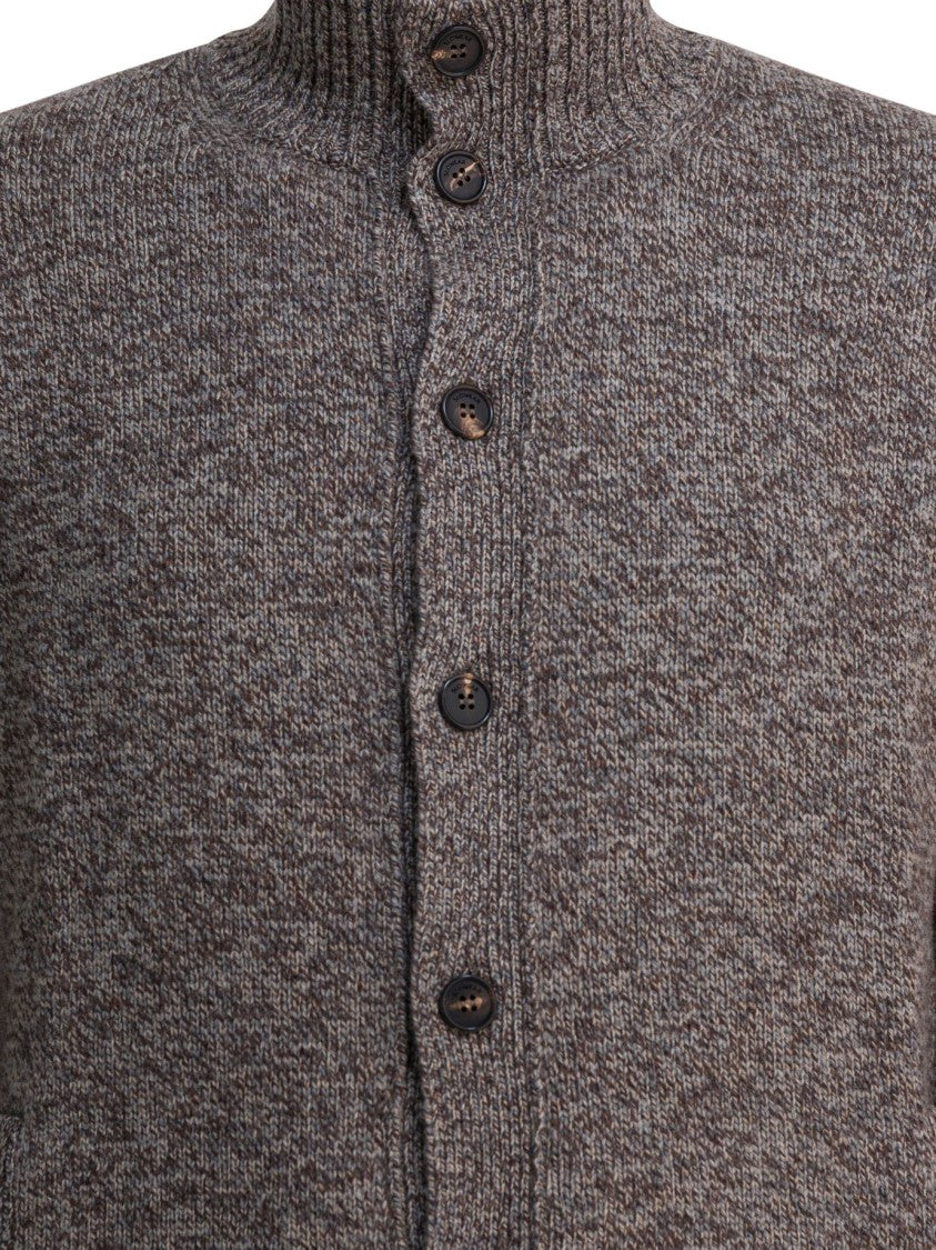 Zanone Textured Brown Cardigan With High Ribbed Collar