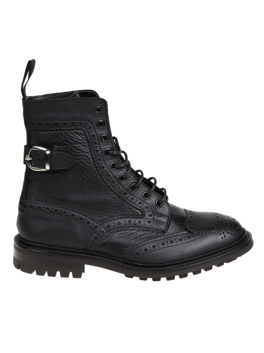 Tricker's Rugged Black Leather Boots With Brogue Detailing