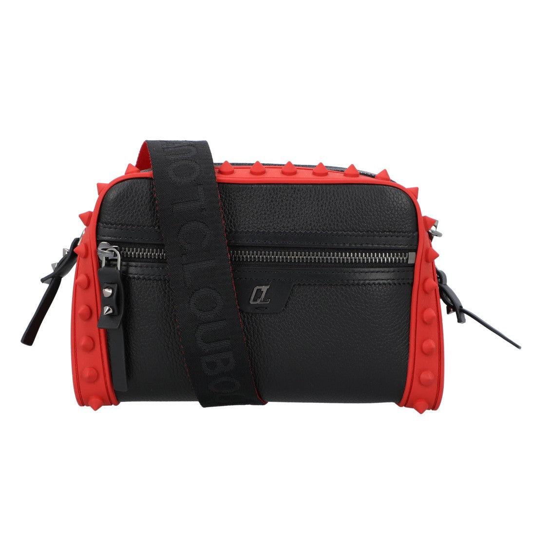 Christian Louboutin Sophisticated Black Grained Calfskin Messenger Bag With Signature Red Accents
