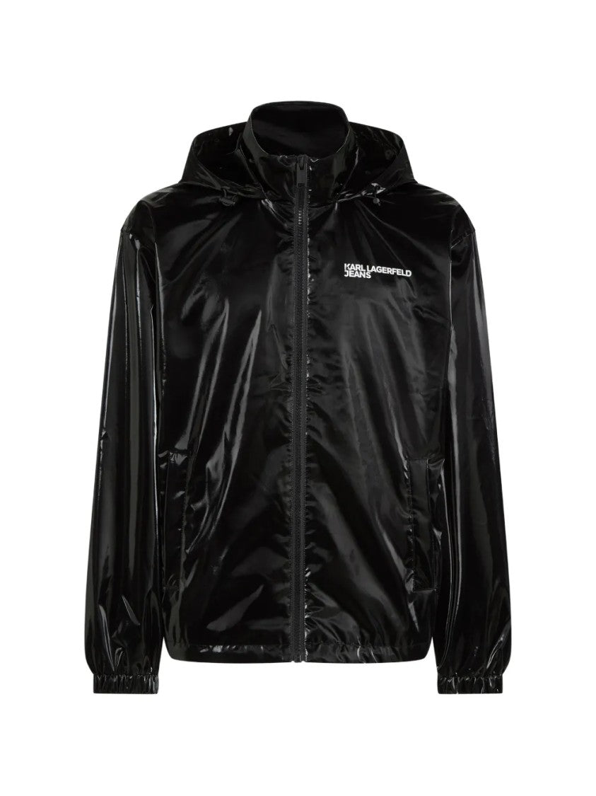 Karl Lagerfeld Glossy Black Finish Casual Jacket With Adjustable Hood