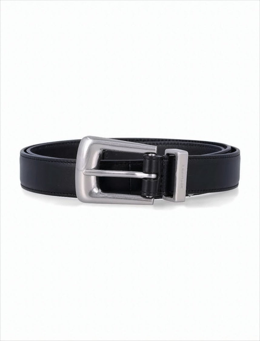 Saint Laurent Black Calfskin Leather Belt With Rectangular Metal Buckle