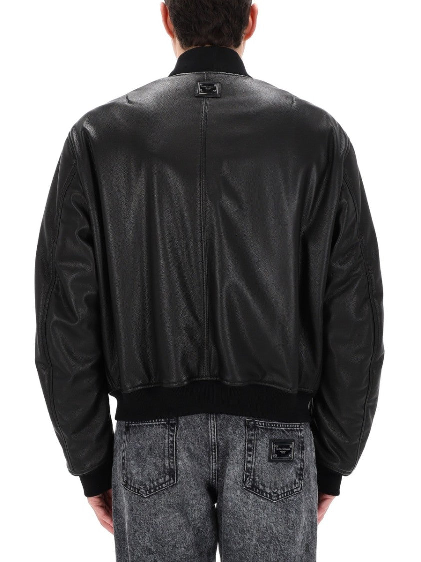 Dolce & Gabbana Smooth Leather Ribbed Cuffs Jacket