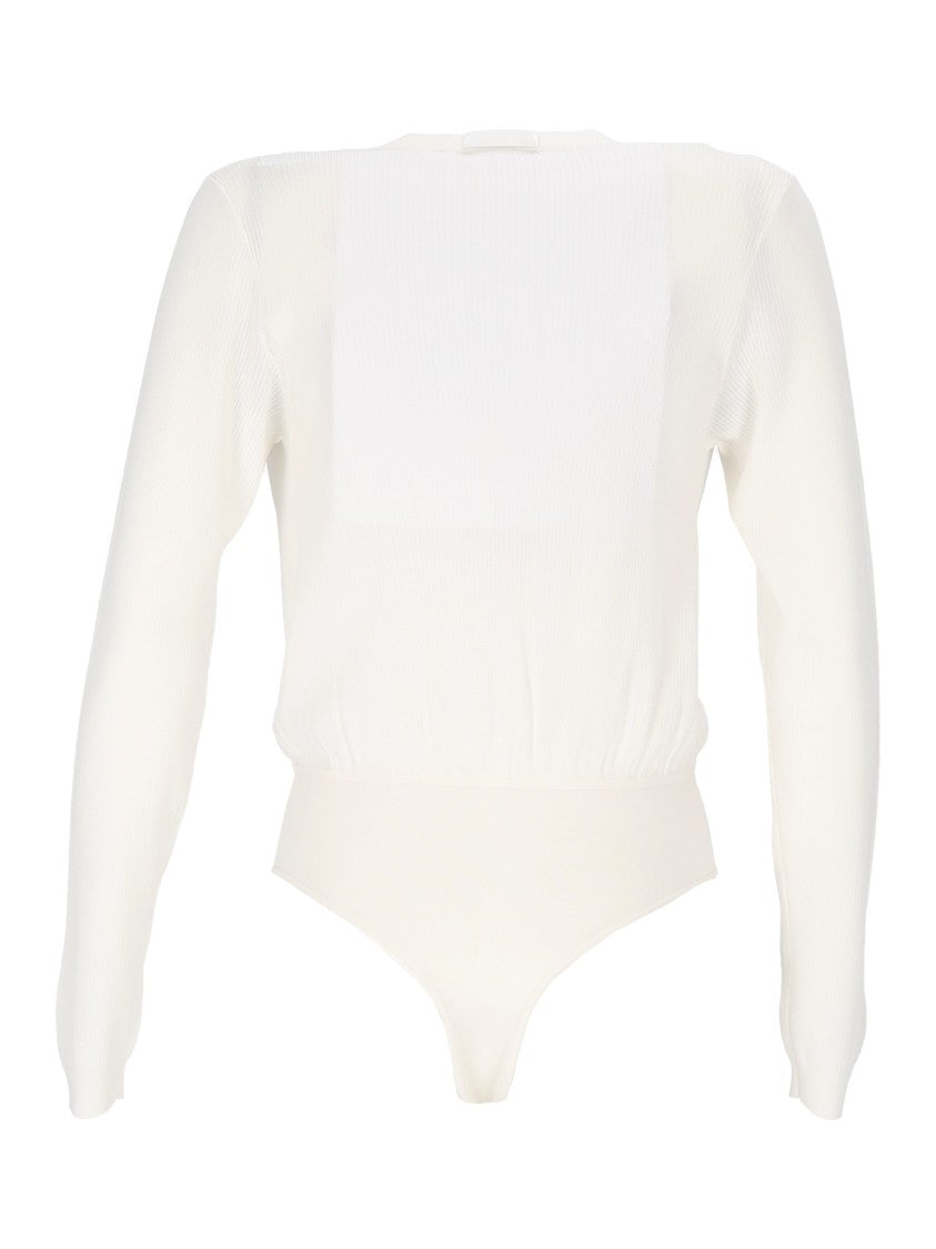 Elisabetta Franchi Long-Sleeved Bodysuit With Deep V-Neckline And Ribbed Texture