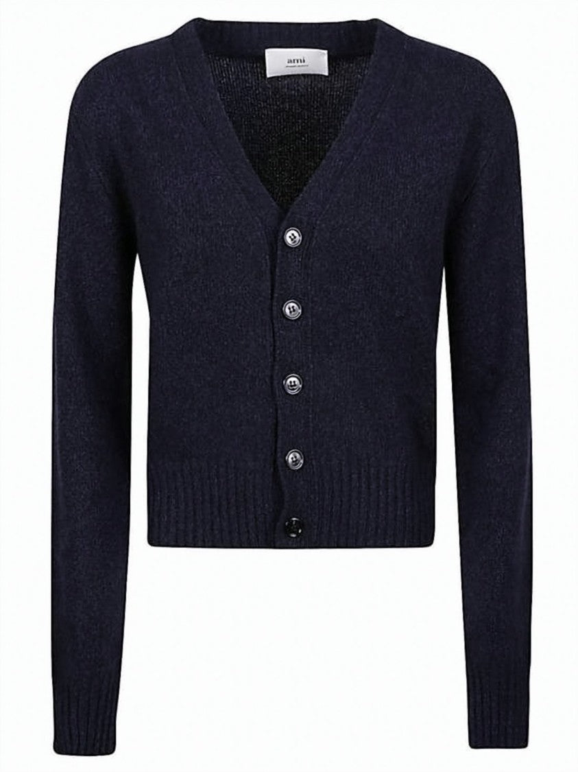 Ami Paris Deep V-Neck Cashmere Blend Cardigan With Ribbed Detailing