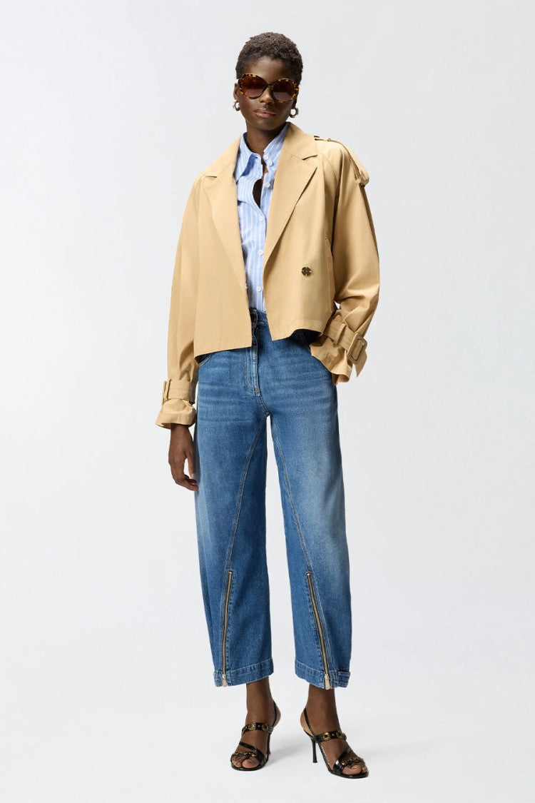 Pinko Beige Self-Belted Epaulettes Cropped Cotton Trench Jacket