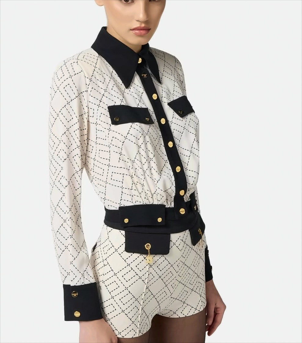 Elisabetta Franchi Two-Tone Cropped Georgette Shirt With Applique Detailing