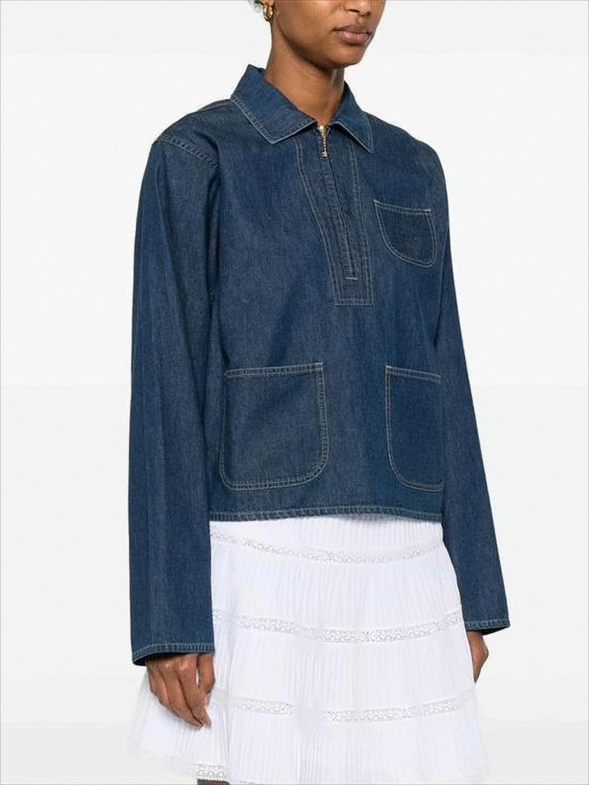 Celine Cropped Denim Jacket With Boxy Silhouette And Contrast Stitching