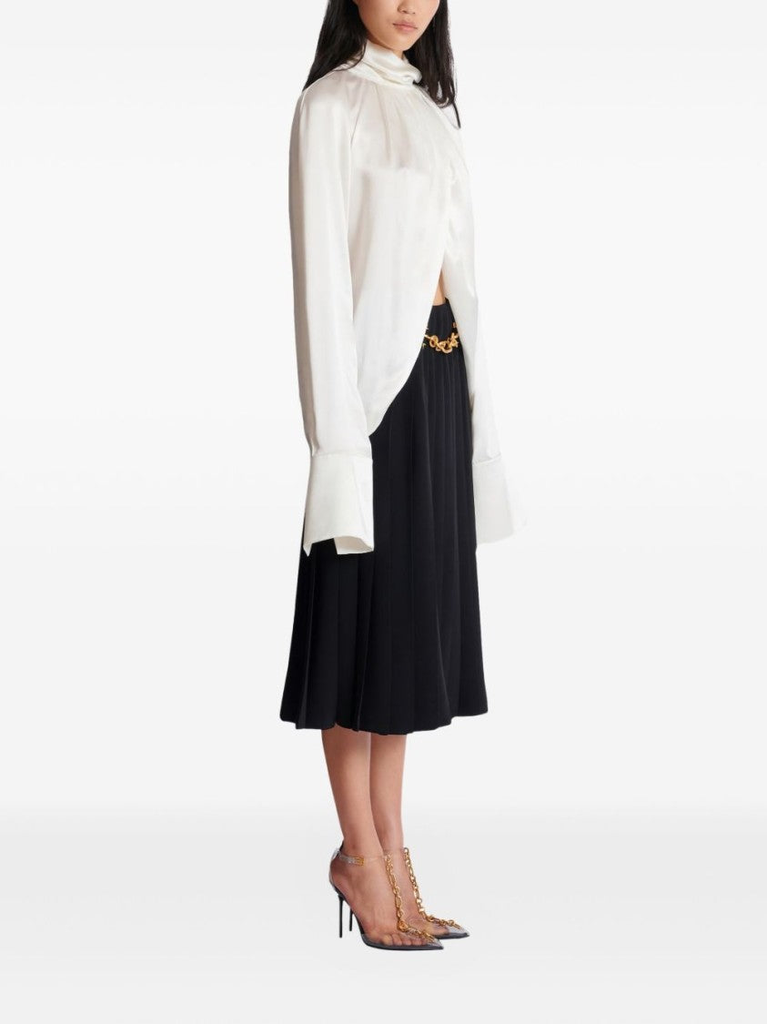 Balmain High-Neck White Top With Gathered Draped Front