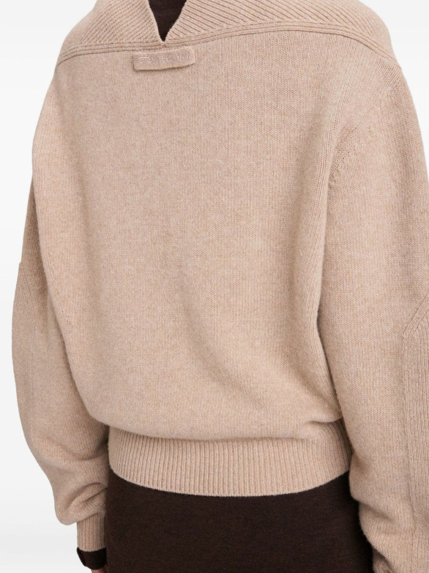 Victoria Beckham V-Neck Cashmere-Wool Blend Sweater With Ballooned Sleeves