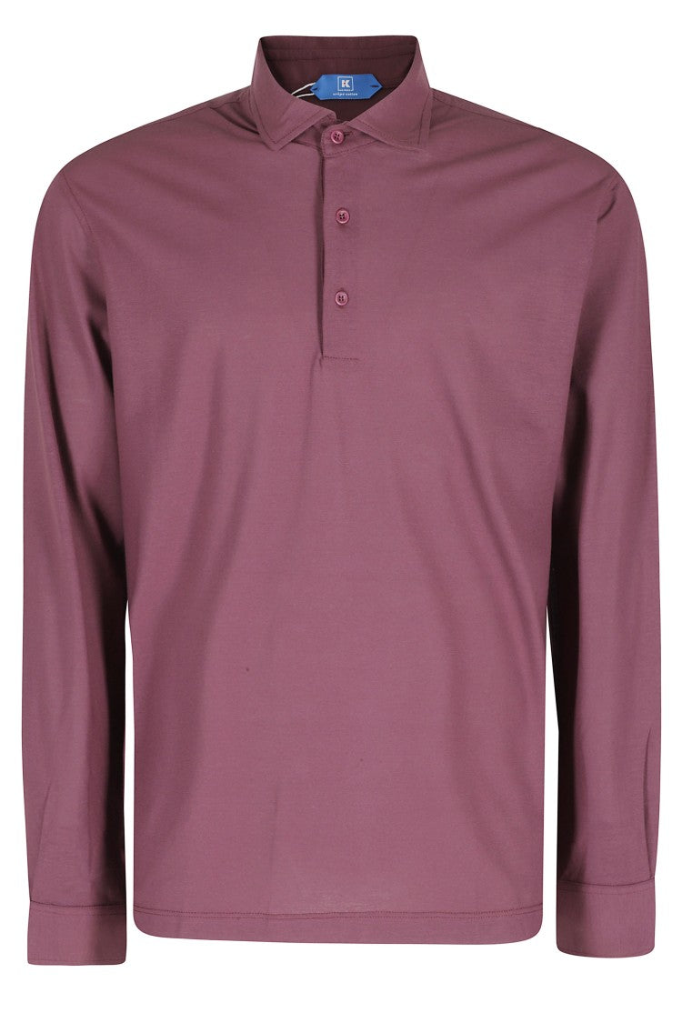 Kired Bordeaux Positano Buttoned Side Slits Cotton Long Sleeve Polo Shirt