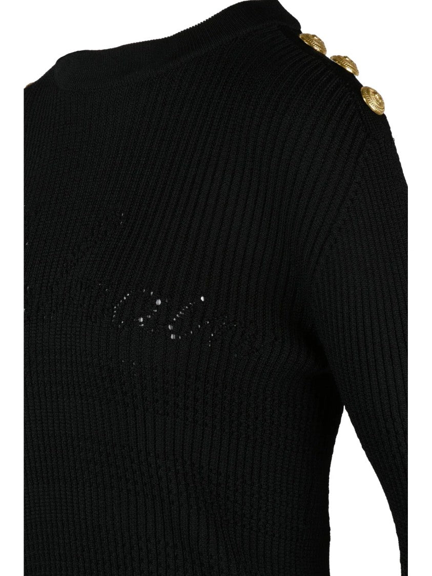 Balmain Short Black Knit With Ribbed Texture And Gold-Accent Buttons