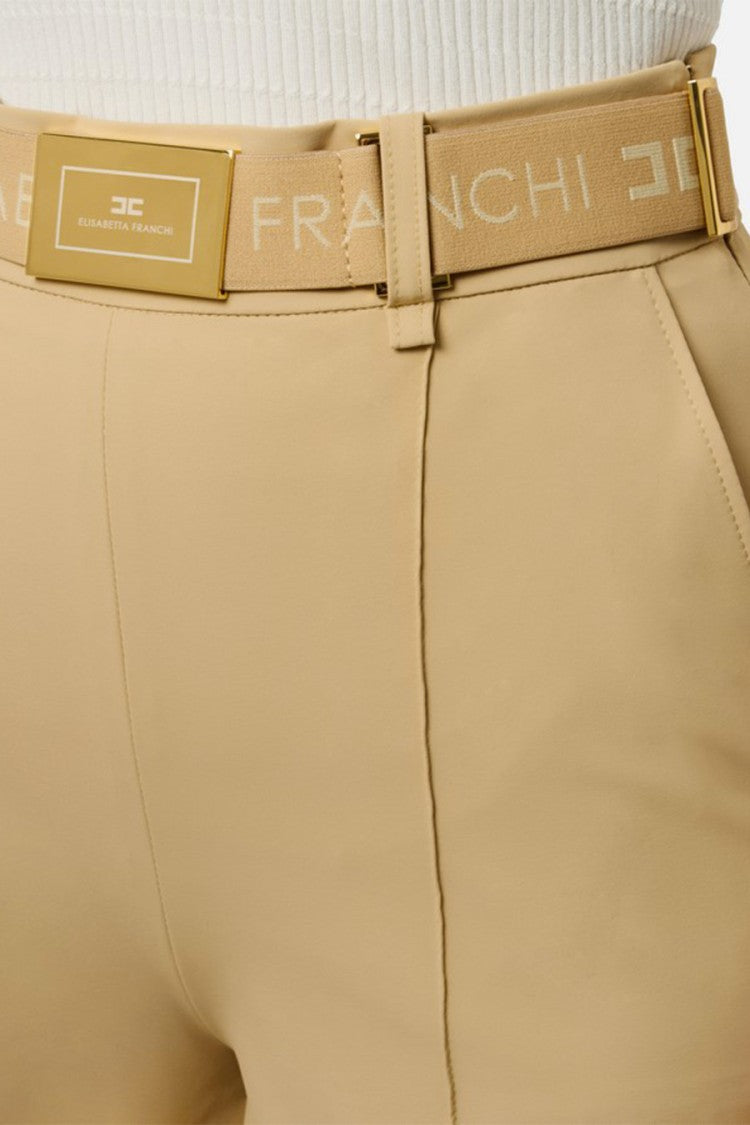 Elisabetta Franchi Camel Gold-Buckle Logo Belt Polyamide-Blend Shorts