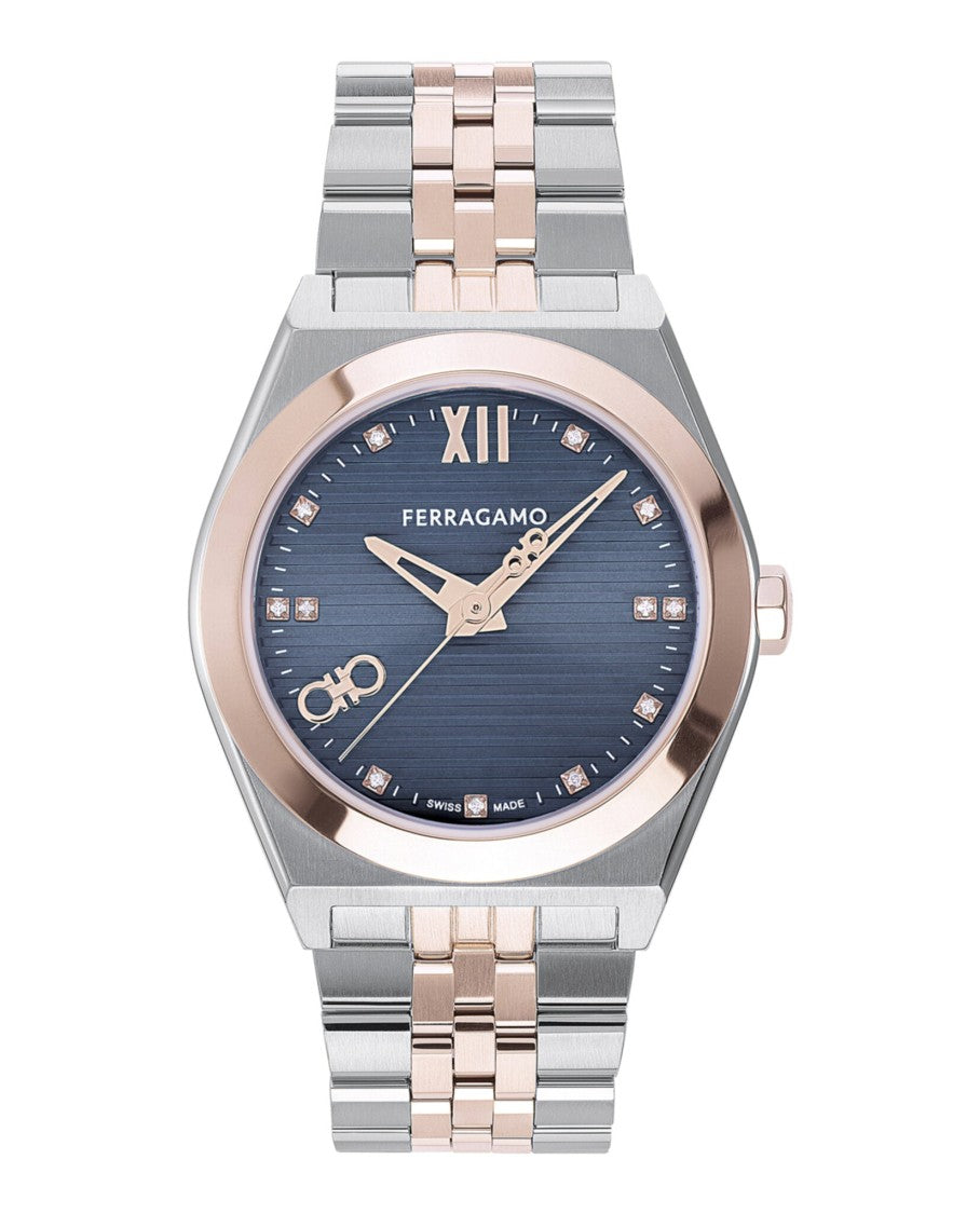 Ferragamo 40Mm Two-Tone Diamond Timepiece With Blue Guilloche Dial
