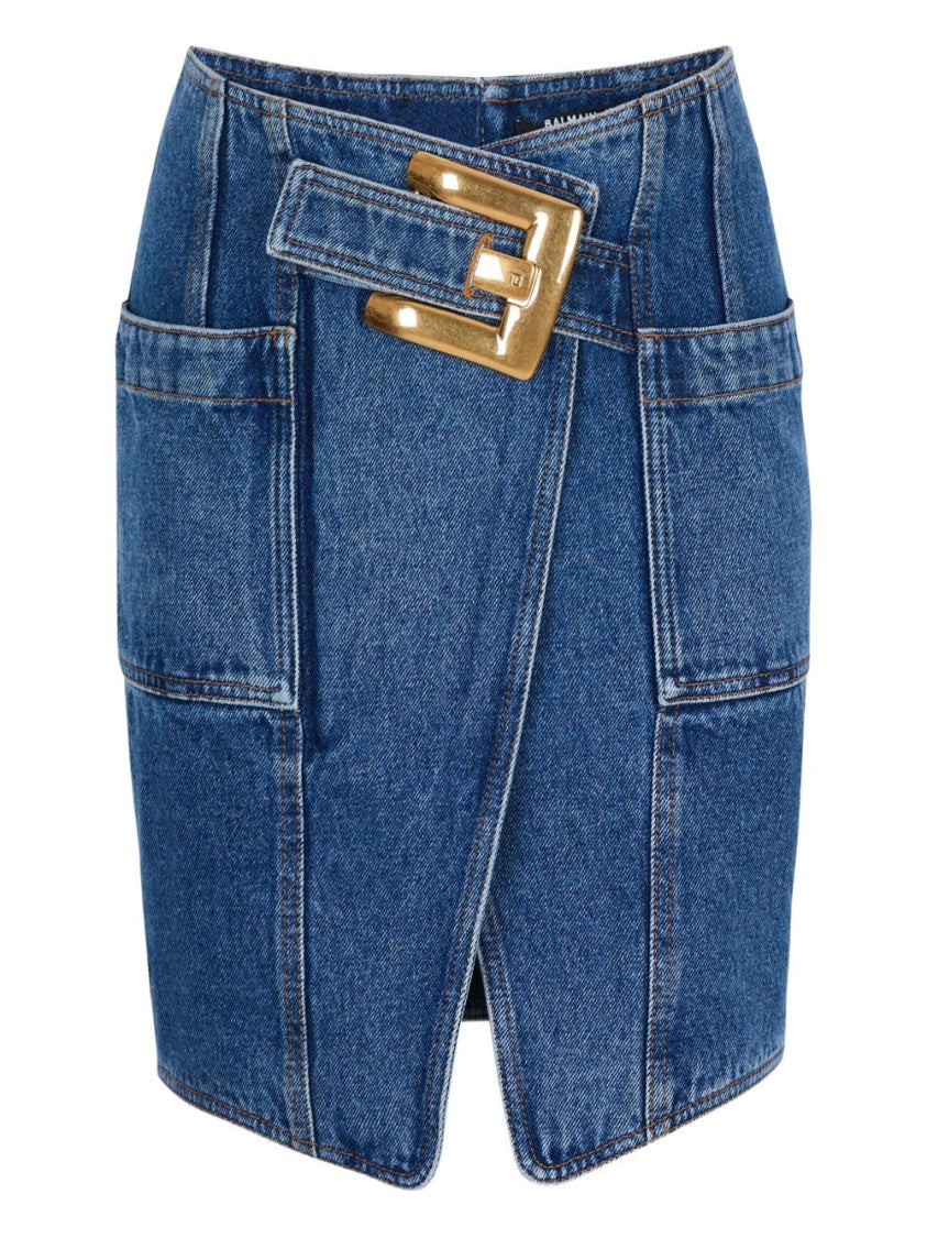 Balmain Structured Denim Buckle Mini Skirt
