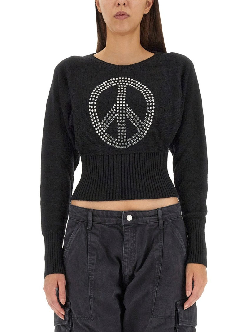 Moschino Cropped Black Jersey With Rhinestone Peace Symbol