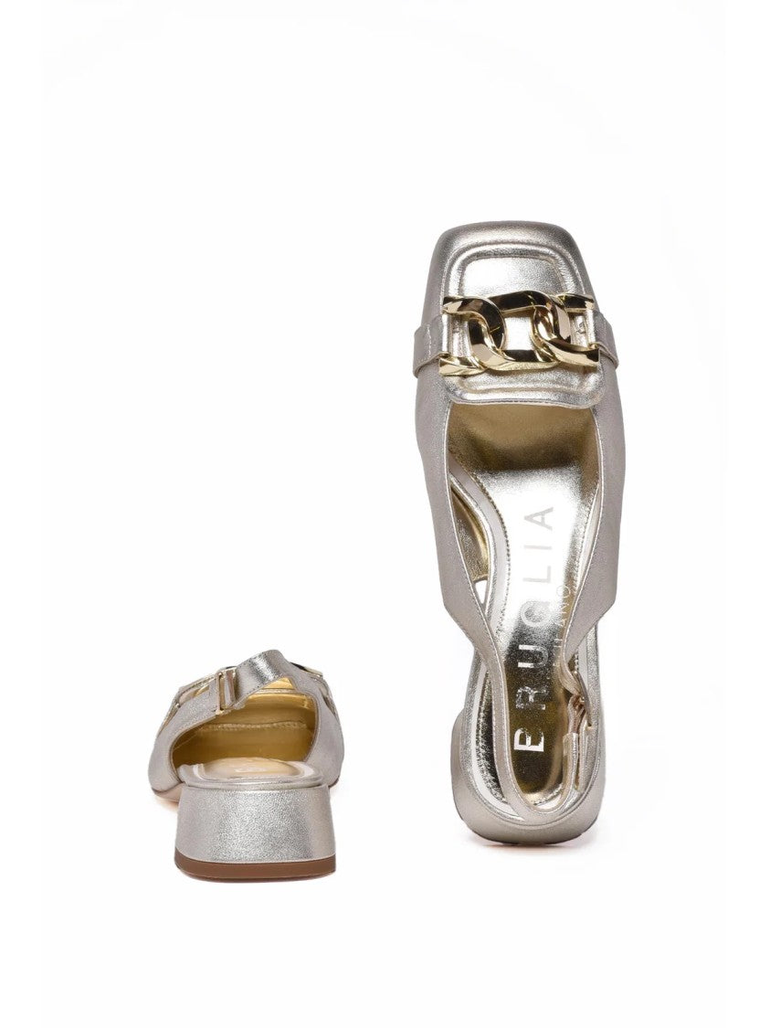 Bruglia Gold Metallic Chain Detail Leather Heels