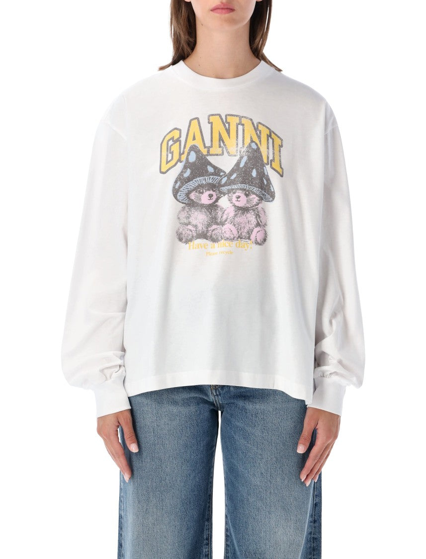 Ganni Long-Sleeved Top With Playful Mushroom Teddy Graphic