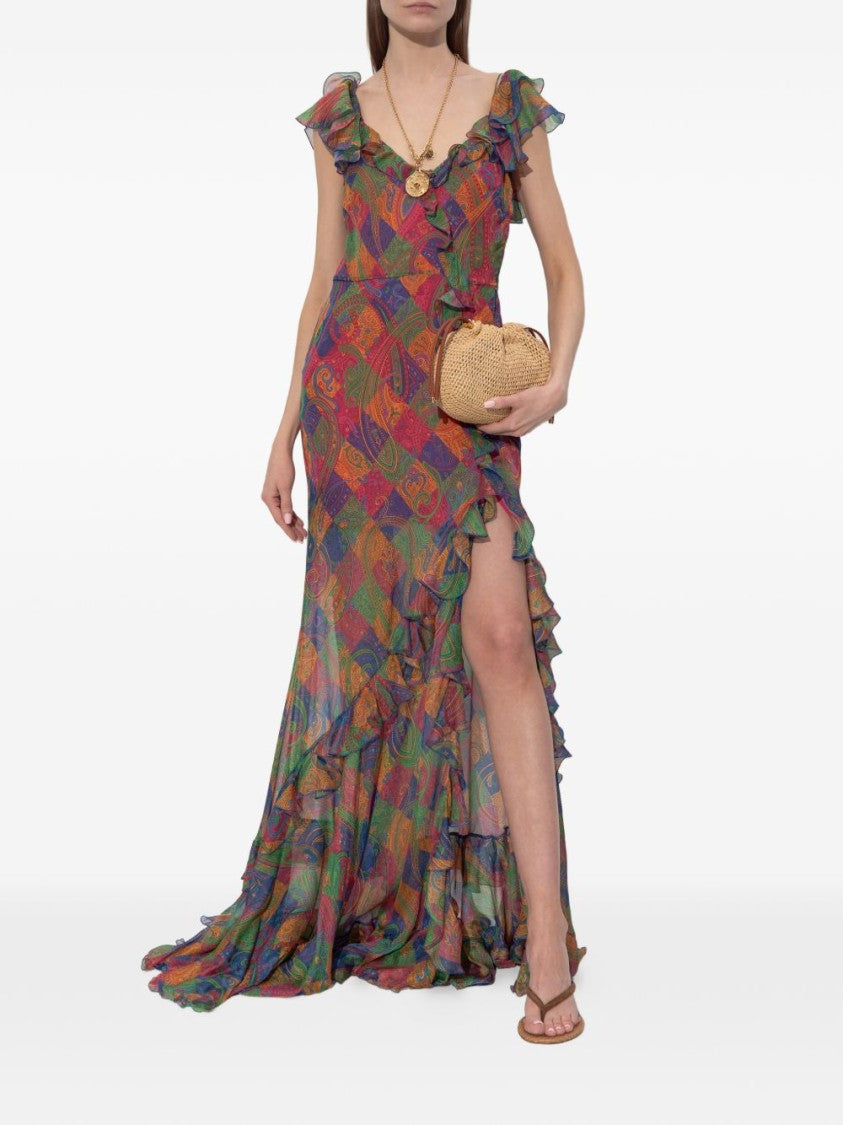 Etro Multicolor Silk Maxi Dress With Ruffled Detailing