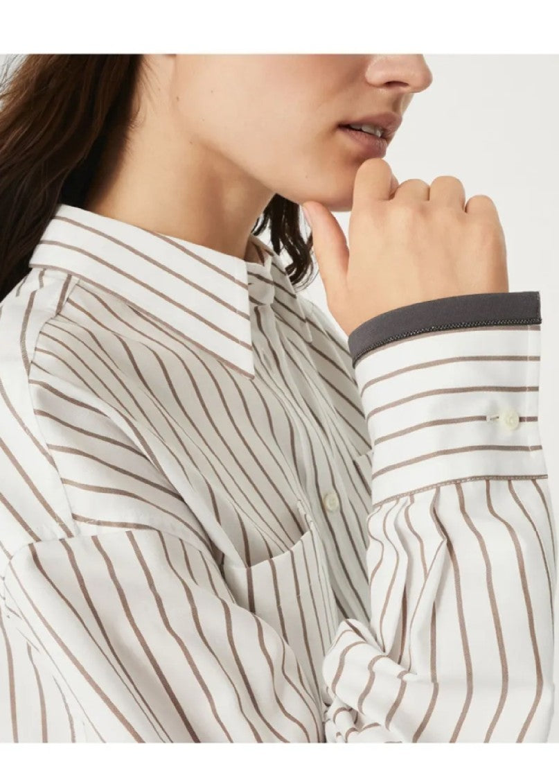 Brunello Cucinelli Cropped Long-Sleeve Button-Down Shirt With Striped Pattern