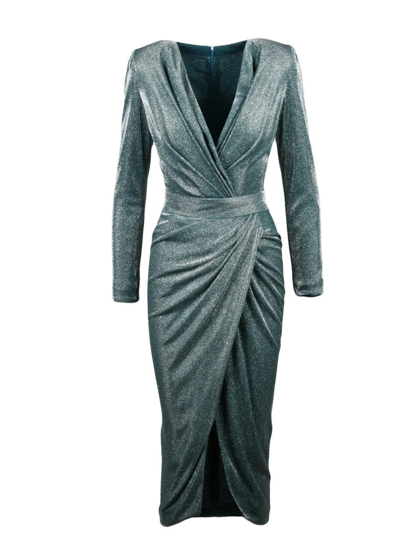 Rhea Costa Green Polyamide Ruched Slit Midi Dress
