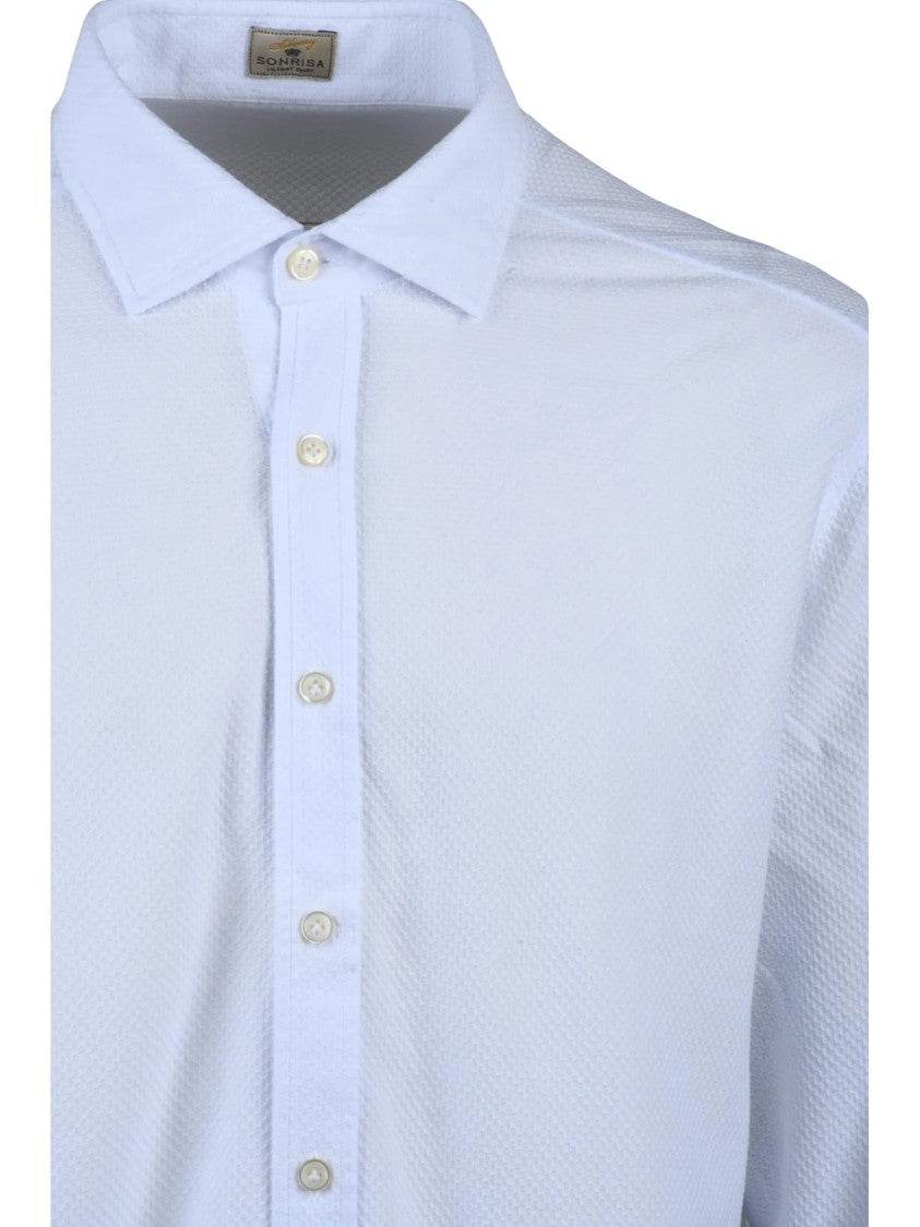 Sonrisa Silvery Long-Sleeve White Shirt With Textured Pattern And Tailored Fit