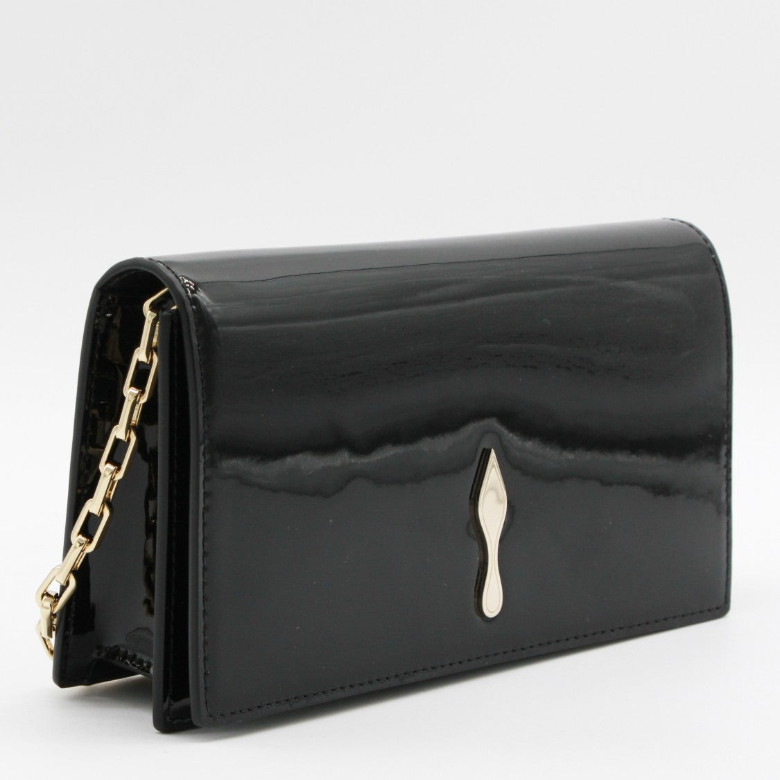 Christian Louboutin Rectangular Black Patent Bag With Gold Emblem And Chain Strap