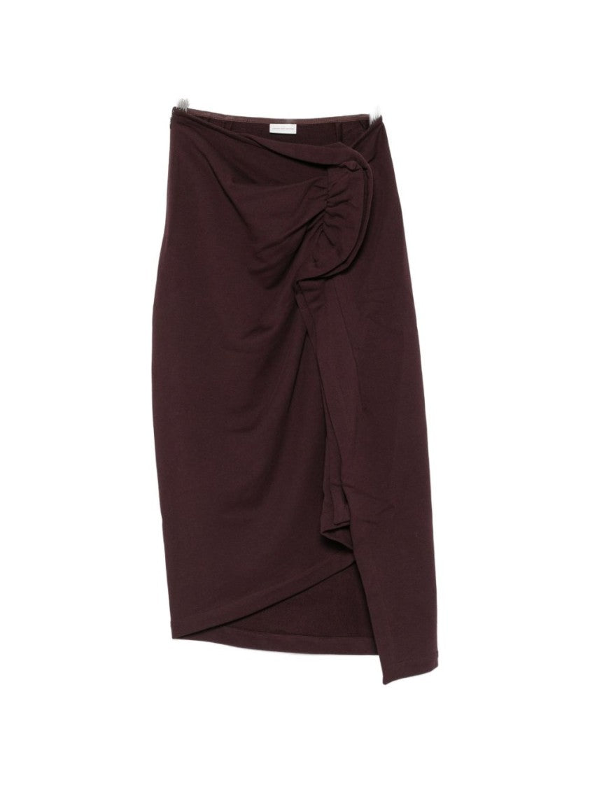 Dries Van Noten Burgundy Ruched Asymmetrical Wrap Midi Skirt
