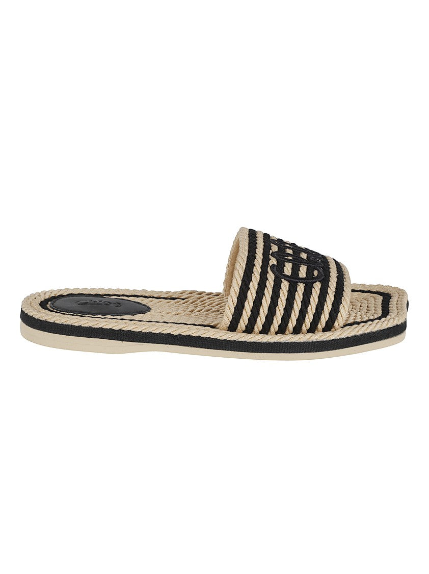 Chloé Raffia Flat Sandals With Striped Embroidery And Embossed Logo