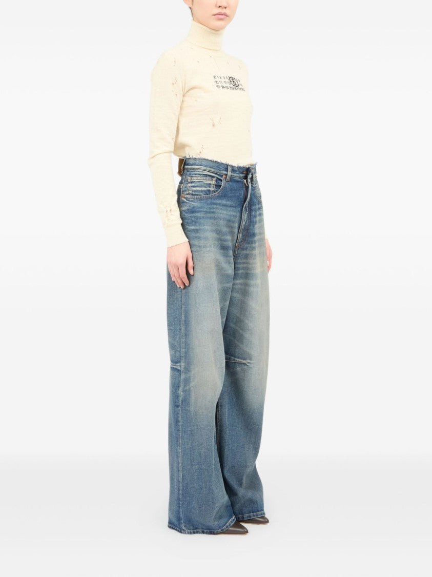 Mm6 By Maison Margiela High-Waisted Wide Leg Jeans With Frayed Waistband