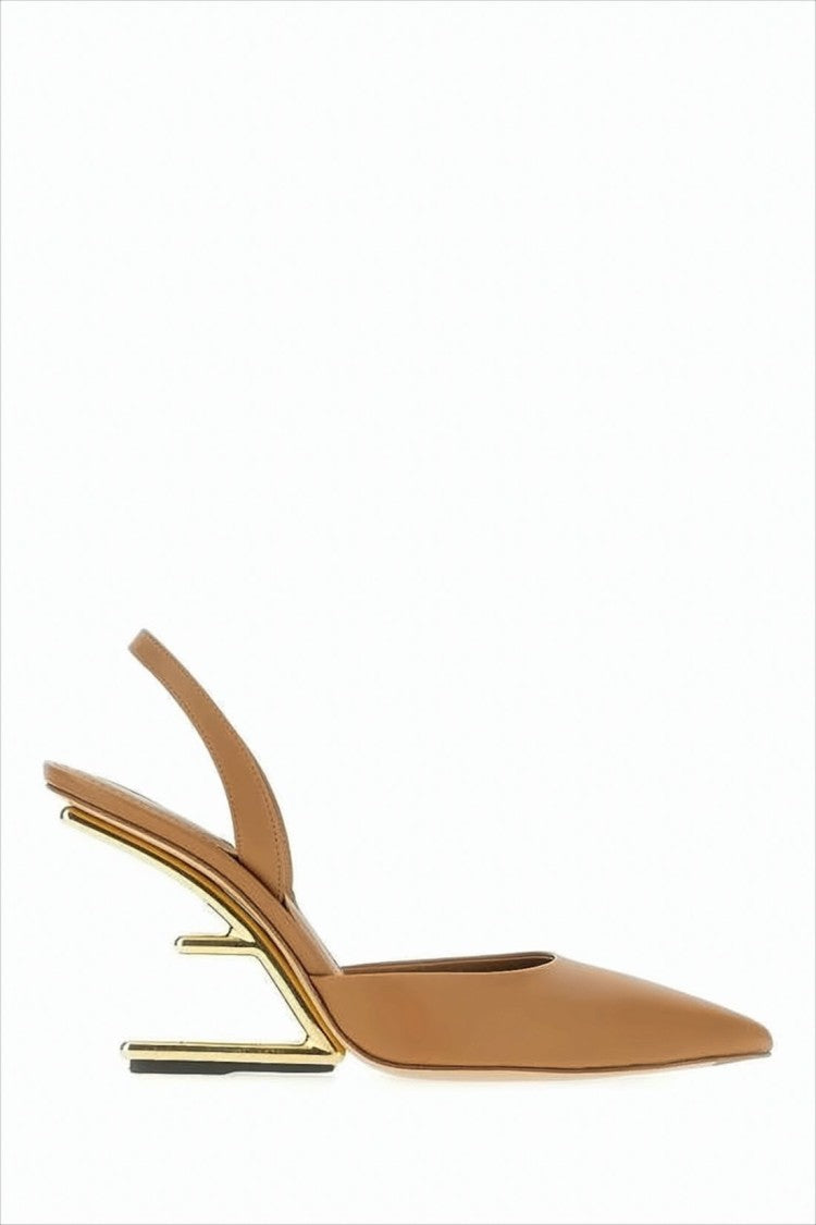 Fendi Sculptural Gold-Tone Heel Slingback Pumps In Calf Leather