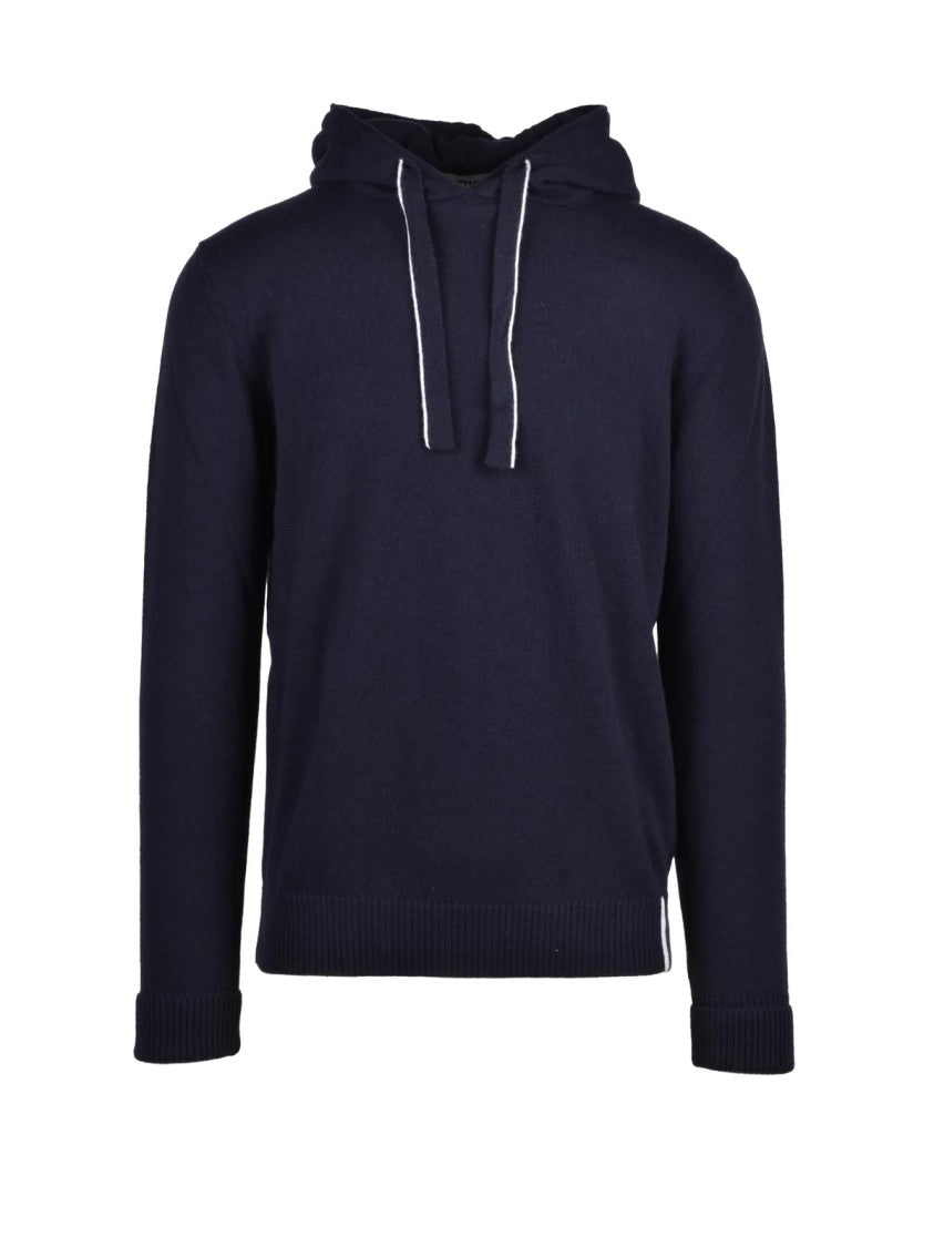 Alpha Studio Navy Knit Sweatshirt With Hood And Drawstrings