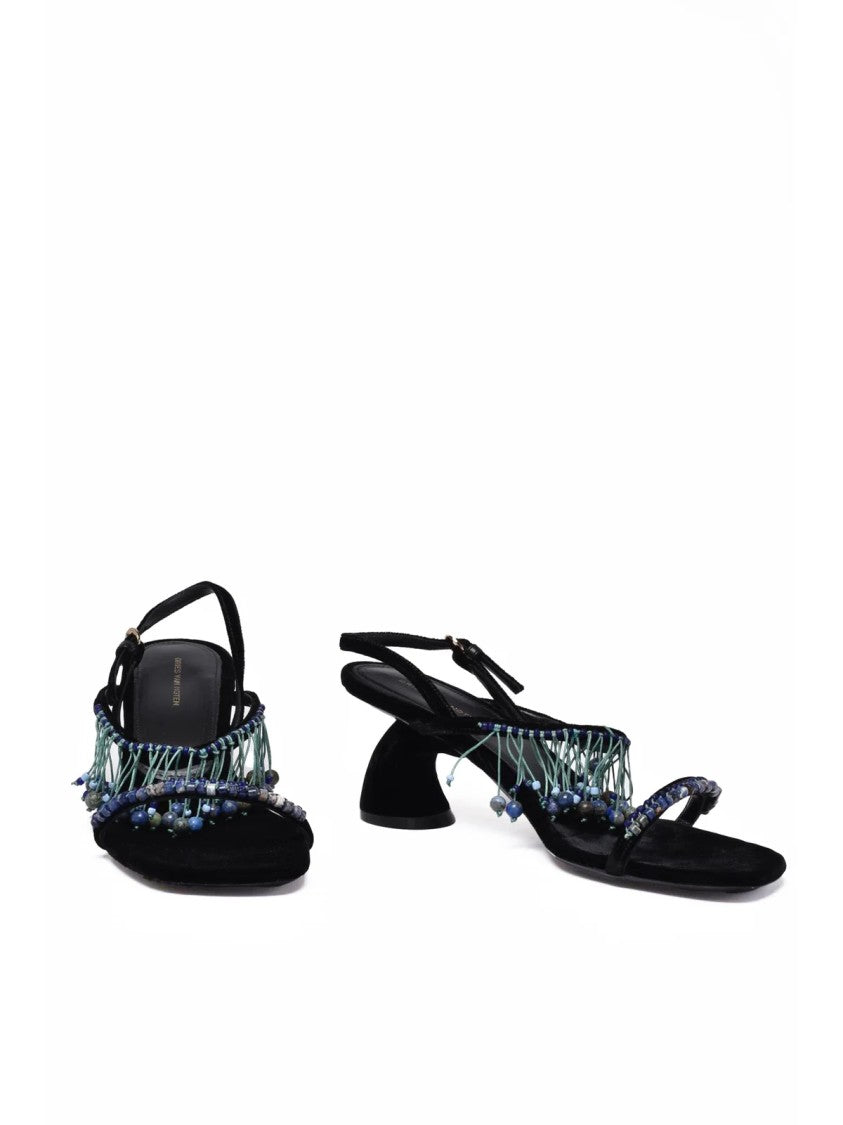 Dries Van Noten Beaded Black Velvet Covered Heel Sandals