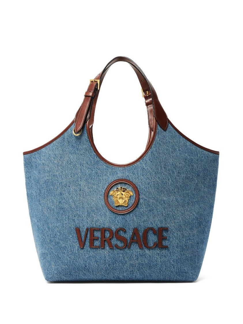 Versace Denim Tote Bag With Brown Leather Trim