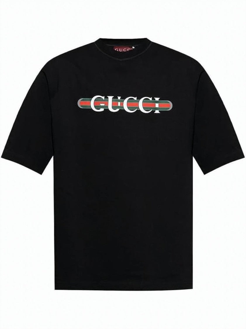 Gucci Black Cotton T-Shirt With Contrasting Logo Stripe