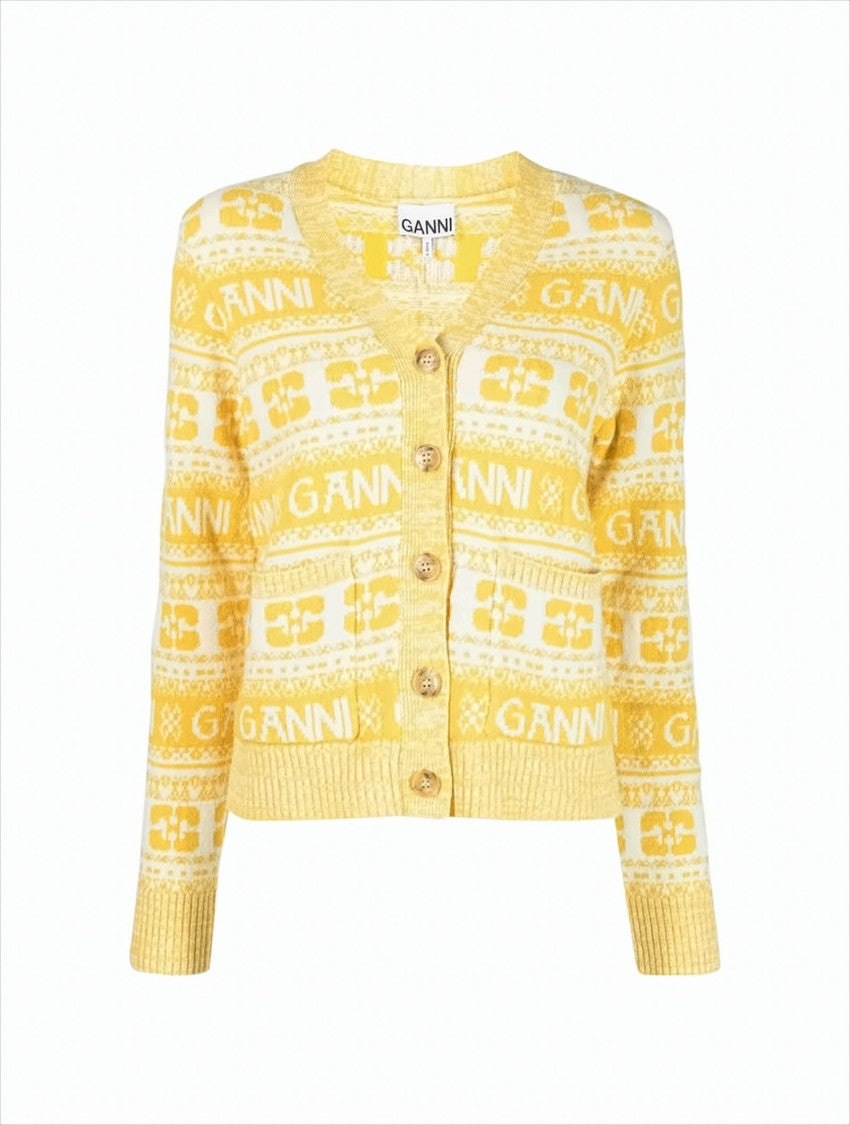 Ganni Cropped V-Neck Cardigan With Logo Motifs And Geometric Designs