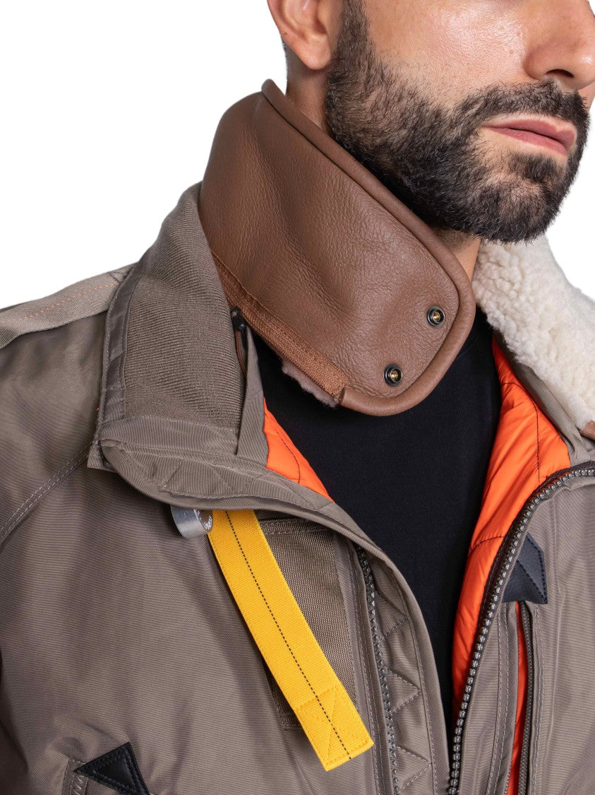 Pjs Parajumpers Slate Mud Bomber Jacket With Shearling Collar And Distinctive Accents