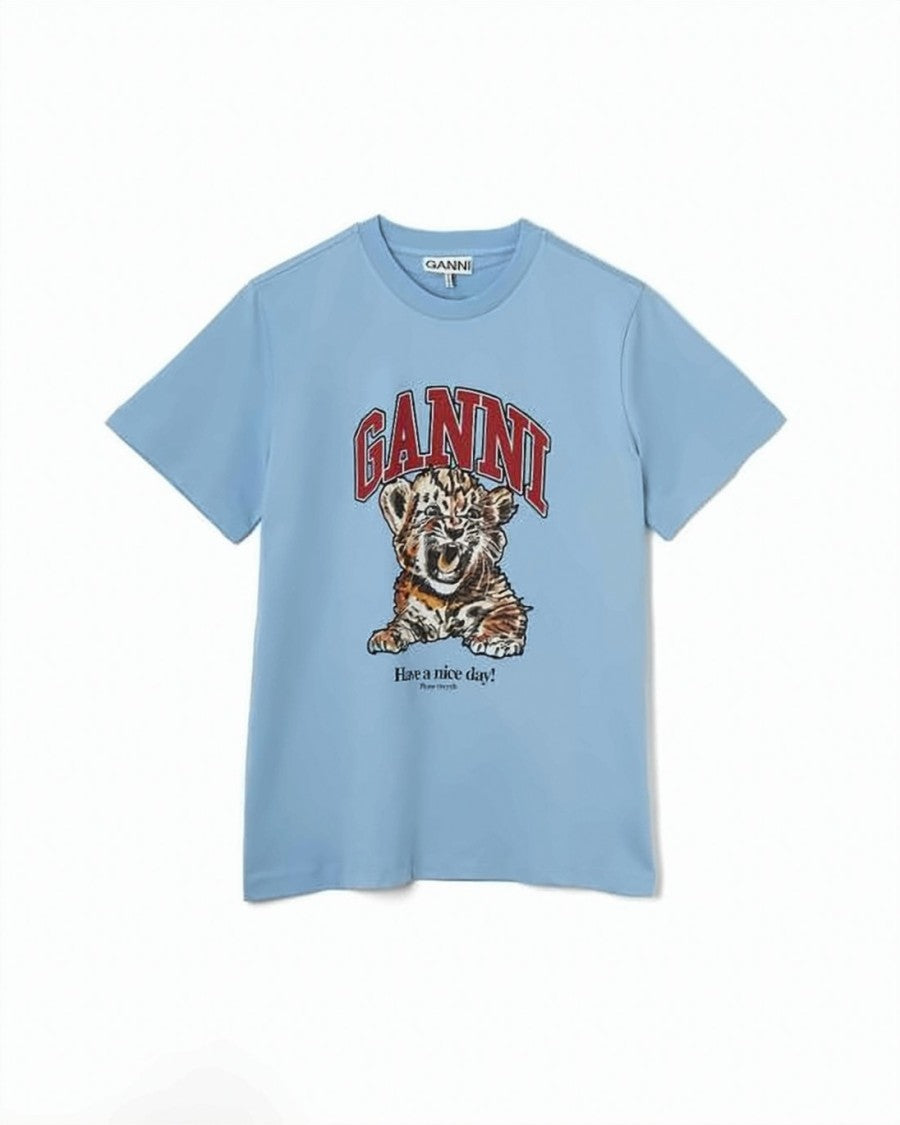 Ganni Light Blue Relaxed Organic Cotton T-Shirt