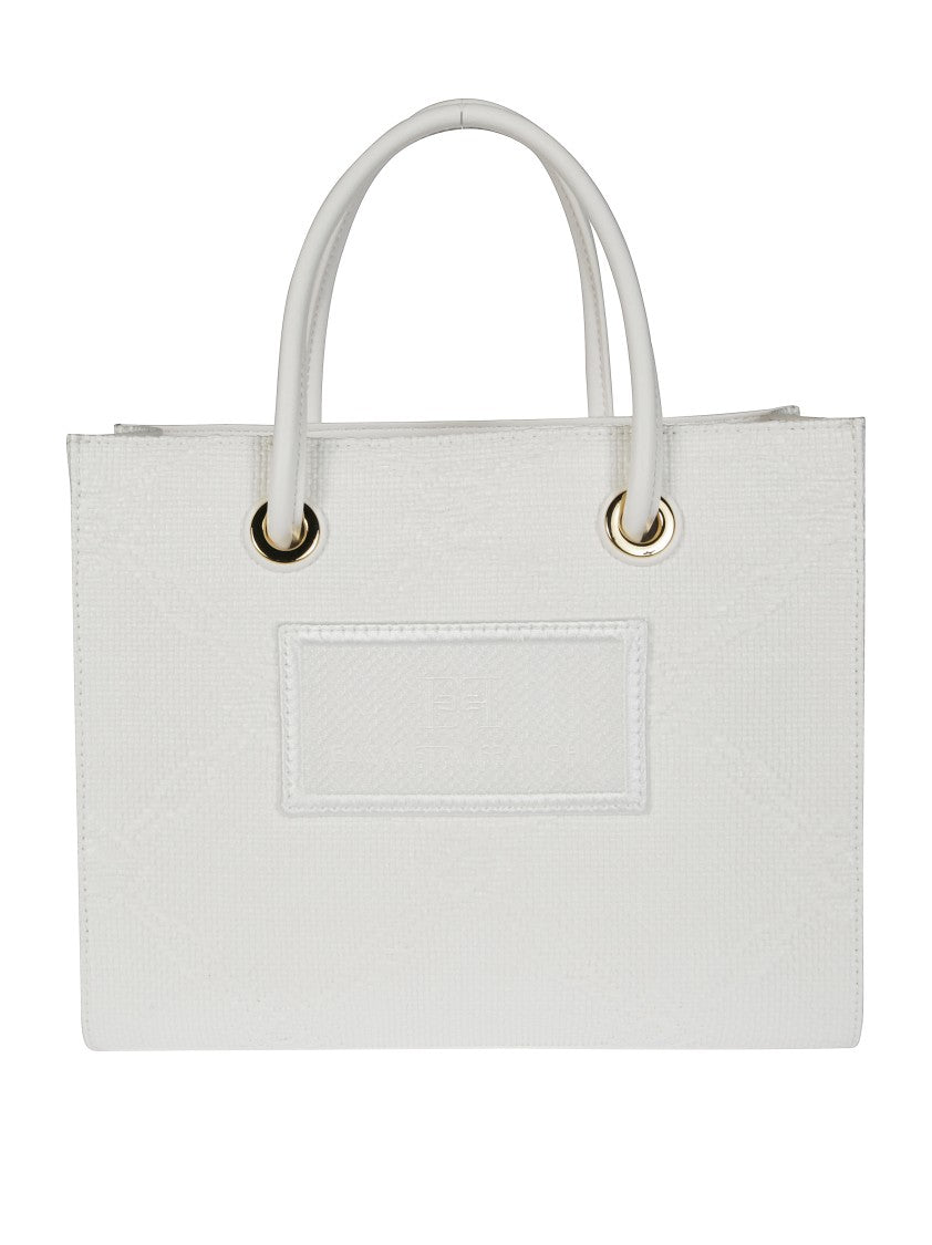 Elisabetta Franchi Structured White Raffia Tote Bag With Gold-Tone Accents