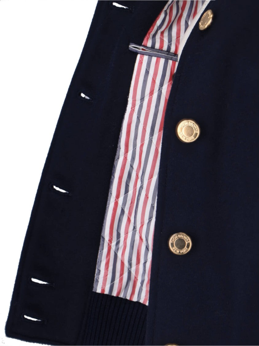 Thom Browne Navy Wool Varsity Leather Sleeve Jacket