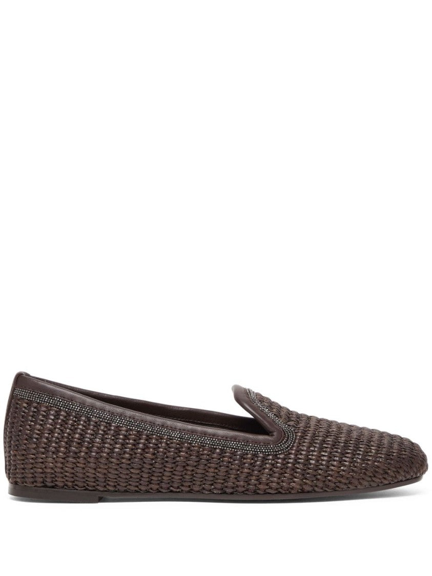 Brunello Cucinelli Chocolate Brown Slip-On Shoes With Monili Chain Detail