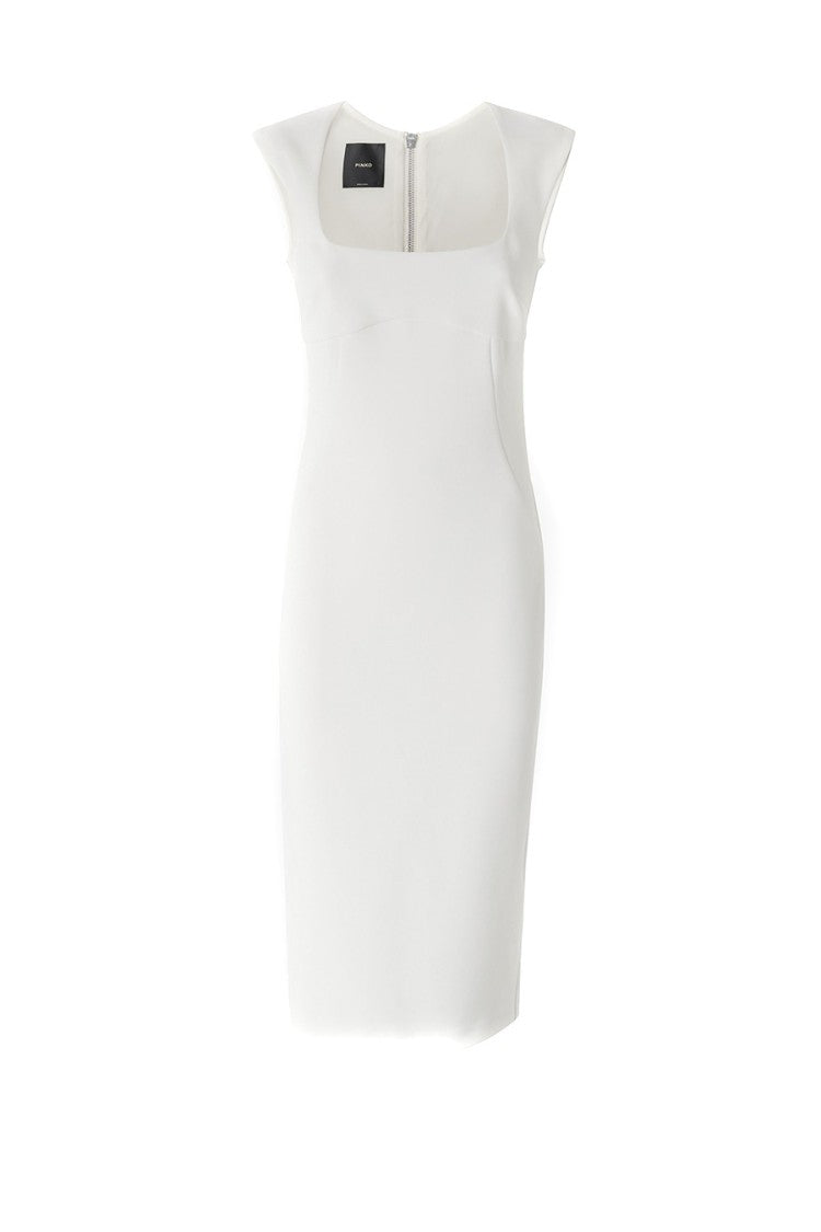 Pinko Fitted White Midi Dress With Square Neckline And Cap Sleeves