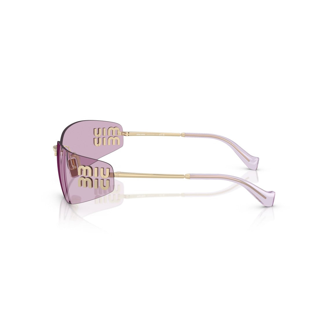 Miu Miu Rimless Sunglasses With Rectangular Purple Lenses And Gold Accents